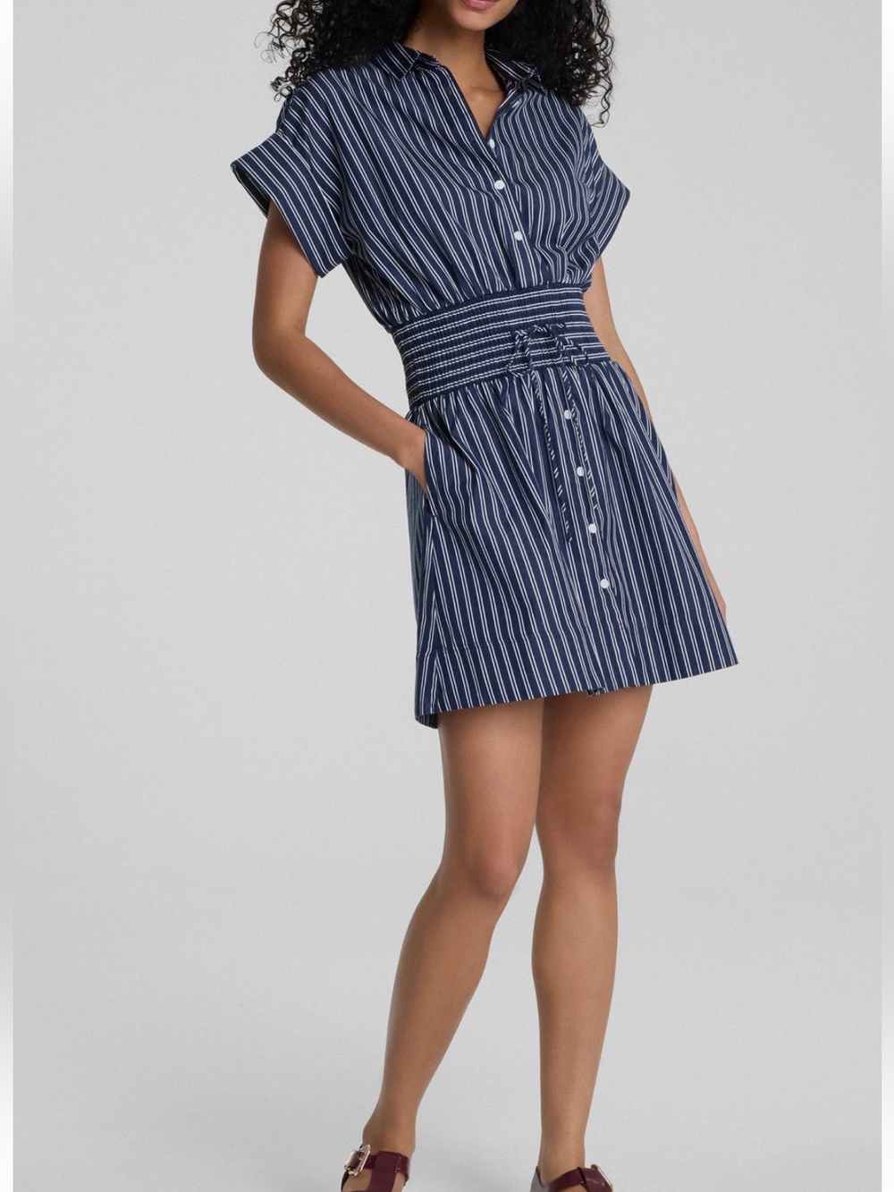 Spanx Navy and White Poplin Smocked Mini Shirt Dress Size M